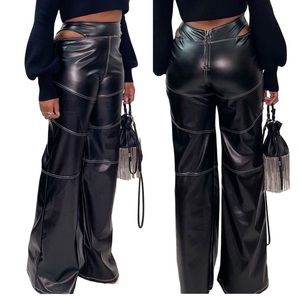 Cut-Out Wide-Leg Faux Leather Pants in Black